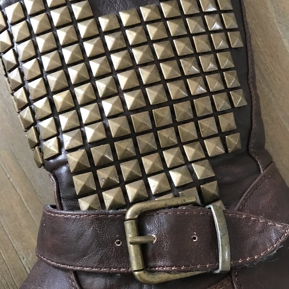 Studded Brown Moto Boot With Gold Buckles - Picture 4 of 7